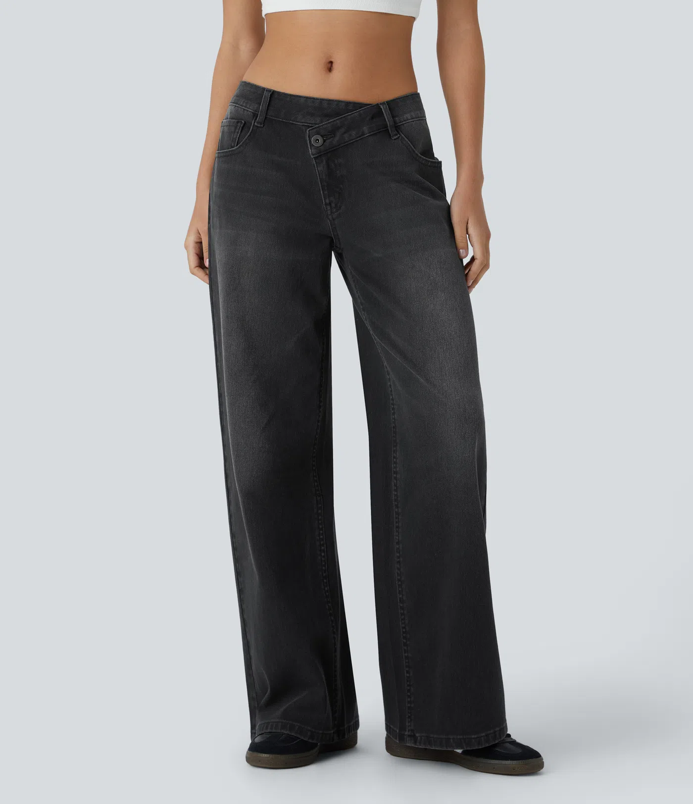 Asymmetric Low Rise Zipper Pockets Baggy Wide Leg Washed Casual Jeans