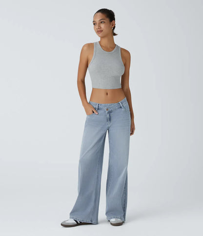 Asymmetric Low Rise Zipper Pockets Baggy Wide Leg Washed Casual Jeans
